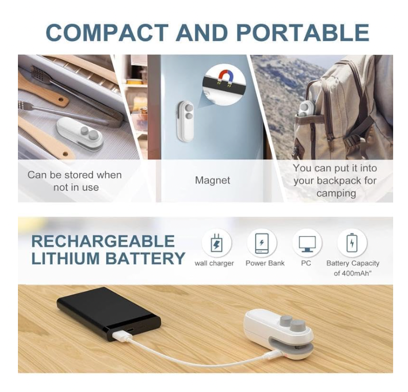 2-in-1 Portable Plastic Bag Sealing Machine | Mini Bag Sealer with Cutter & Magnet | Rechargeable Packet Sealer for Food, Chips, Snacks & Travel Use